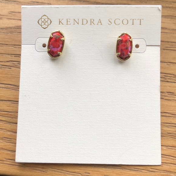 Kendra Scott Grayson Bronze Veined Red Fuchsia Magnesite Stud Earrings NWT - Picture 3 of 14
